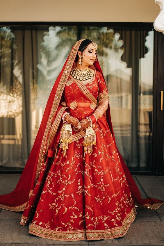 image of red bridal lehenga